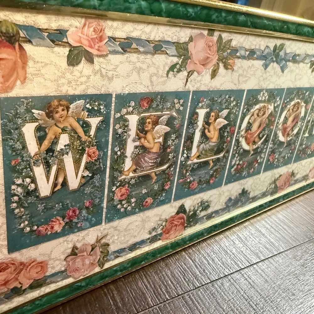 Vintage Victorian Cherub Welcome Sign Framed Wall Decor Roses Gold Green 19.5x8